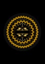 Gold ribbed round frame with round beads and calligraphic pattern above thin golden stripes in the center on a black background Royalty Free Stock Photo