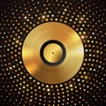 Golden vinyl disc on abstract gold halftone circle background. Music disco party shiny luxury banner