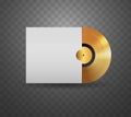 Golden vinyl disc in white cover on transparent background vector illustration. Gold plastic disk record company Royalty Free Stock Photo