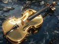 golden violin gracefully floats on top of a body of water, creating a stunning and surreal sight against the black