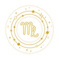 Golden Virgo sign stylized with planets and stars in orbits on a white background