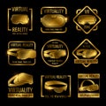 Golden virtual reality glasses and helmets label design