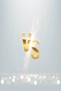 Golden VS letter sign with glowing shiny spark on light luxury vertical background. Versus logo element for game, battle
