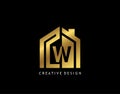 Golden W Letter Logo. Minimalist gold house shape with negative W letter, Real Estate Building Icon Design Royalty Free Stock Photo