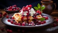 Golden waffles adorned with luscious berries, a sweet and satisfying treat to indulge in