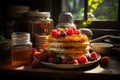 Golden waffles, fresh fruits and syrup in appetizing scene., generative IA