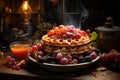Golden waffles, fresh fruits and syrup in appetizing scene., generative IA