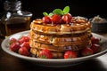 Golden waffles mountain with strawberries and whipped cream., generative IA