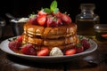 Golden waffles mountain with strawberries and whipped cream., generative IA