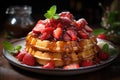Golden waffles with syrup, fresh strawberries., generative IA