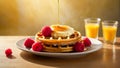 Golden waffles topped with melting butter and fresh raspberries, drizzled with syrup, served with glasses of refreshing