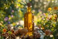 Golden Walnut Oil Bottle Amidst Nature. Royalty Free Stock Photo