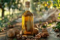 Golden Walnut Oil Bottle Amidst Nature. Royalty Free Stock Photo