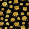 Golden water lily flower seamless pattern on black background Royalty Free Stock Photo