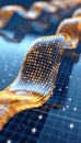 Dynamic flowing golden wave structure on a digital grid background Royalty Free Stock Photo