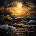 Golden Waves: A Symbolic Seascape Abstract Painting