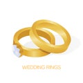 Golden wedding couple ring with big shiny diamond vector illustration Royalty Free Stock Photo