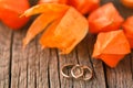 Golden wedding rings on a autumn leaf close-up. Royalty Free Stock Photo