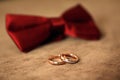 Golden wedding rings on the background of a wedding bouquet of red roses Royalty Free Stock Photo