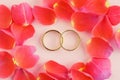 Golden wedding rings and beautiful red rose flower petals on pastel pink background Royalty Free Stock Photo