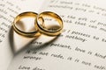 Golden wedding rings on bible book Royalty Free Stock Photo