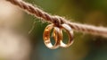 The golden wedding rings elegantly displayed on a string in soft light..AI generated image Royalty Free Stock Photo