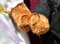 Golden wedding rings in toy bears paws Royalty Free Stock Photo