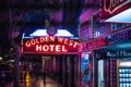 Golden West Hotel at historic Gaslamp Quarter San Diego by night - CALIFORNIA, USA - MARCH 18, 2019 Royalty Free Stock Photo
