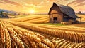 Golden wheat field crop sunset barn harvest time Royalty Free Stock Photo