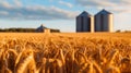 Golden Wheat Field with Grain Silos at Sunset. Generative ai
