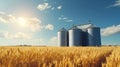 Golden Wheat Field with Grain Silos at Sunset. Generative ai