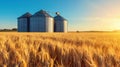 Golden Wheat Field with Grain Silos at Sunset. Generative ai