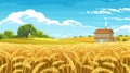 Golden wheat field ripe crops farm house blue sky fluffy clouds rustic rural scene summer Royalty Free Stock Photo