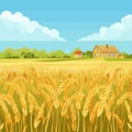 Golden wheat field ripe harvest, rural houses distance under blue sky. Countryside landscape Royalty Free Stock Photo