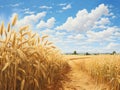 Golden wheat field and road under a blue sky with clouds Royalty Free Stock Photo