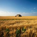 Golden Wheat Field with Sunflowers and Abandoned Barn Royalty Free Stock Photo