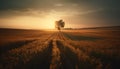 Golden wheat fields glow in tranquil sunset over rural landscape generated by AI Royalty Free Stock Photo