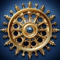 a golden wheel with gears on a blue background