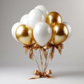 Golden and white balloons on a white background. Square holiday background. AI generative