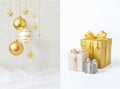 Golden And White Christmas Scene With Balls And Presents Royalty Free Stock Photo