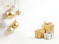 Golden And White Christmas Scene With Balls And Presents Royalty Free Stock Photo