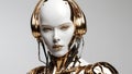 Golden white modern female robot android on white background