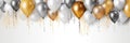 Golden, white and silver gray glitter balloons and confetti on white background. Birthday, holiday or party background. Empty Royalty Free Stock Photo