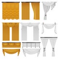 Golden and white velvet silk curtains and draperies set. Interior realistic luxury curtains decoration design. Royalty Free Stock Photo