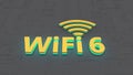 Golden WiFi 6 symbol with blue light flashing on abstract background. 3D rendering.