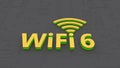 Golden WiFi 6 symbol with light flashing on abstract background. 3D rendering.