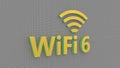 Golden WiFi 6 symbol with light flashing on abstract background. 3D rendering.