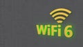 Golden WiFi 6 symbol with light flashing on abstract background. 3D rendering.