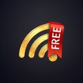 Golden wifi vector icon with red ribbon and text Free. Gold free wi fi wireless symbol. Isolated textured wi-fi logo on dark