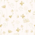 Golden wild flower repeat pattern line art print background